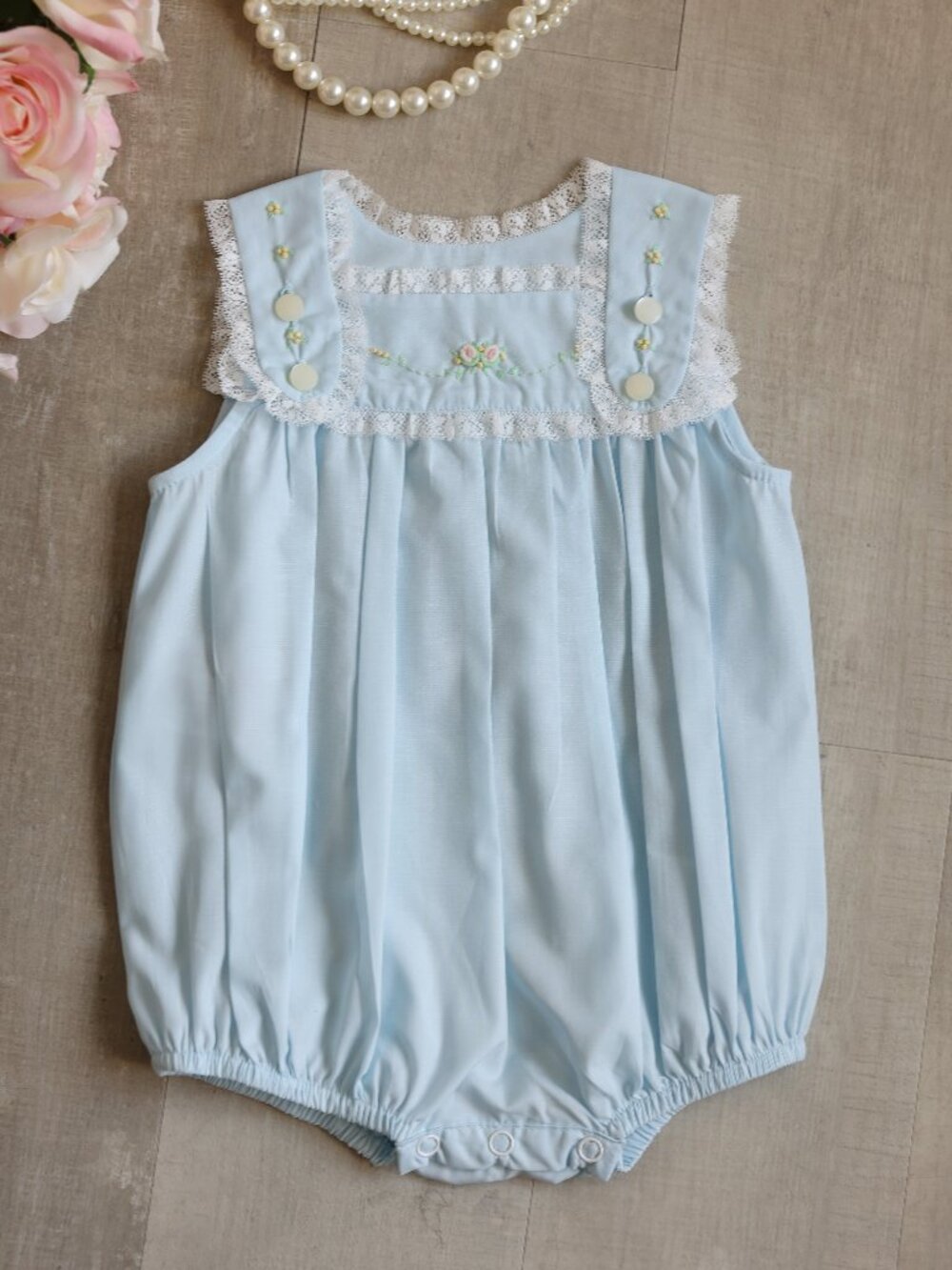 Blue Heirloom Bubble Romper White Vintage Lace Hand Embroidery Boutique NWT